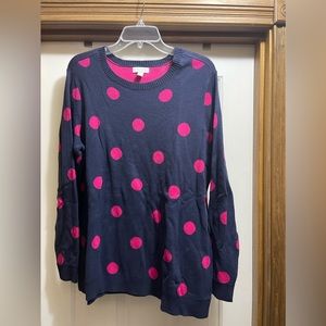 Charter Club Woman 1X Navy with pink polka dots crew neck sweater
